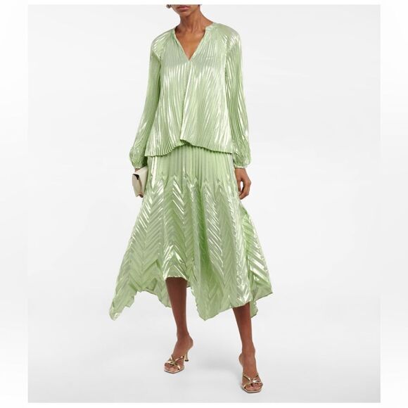 Jonathan Simkhai pleated silk blend midi skirt metallic green $631 NWT - Picture 2 of 13